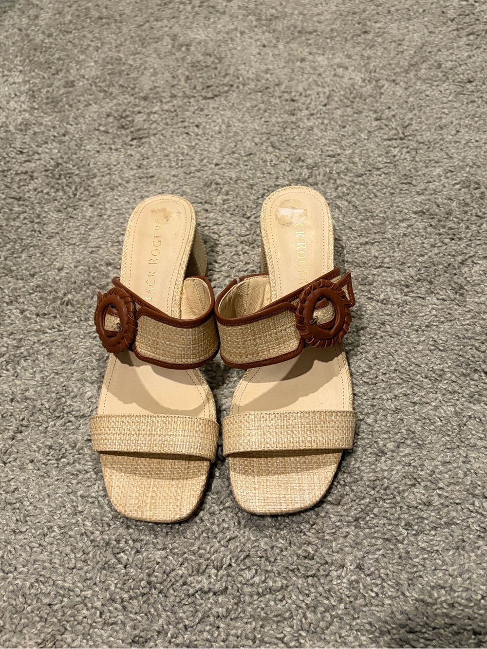 Jack Rogers Natural Raffia Slide Sandals with Brown Trim